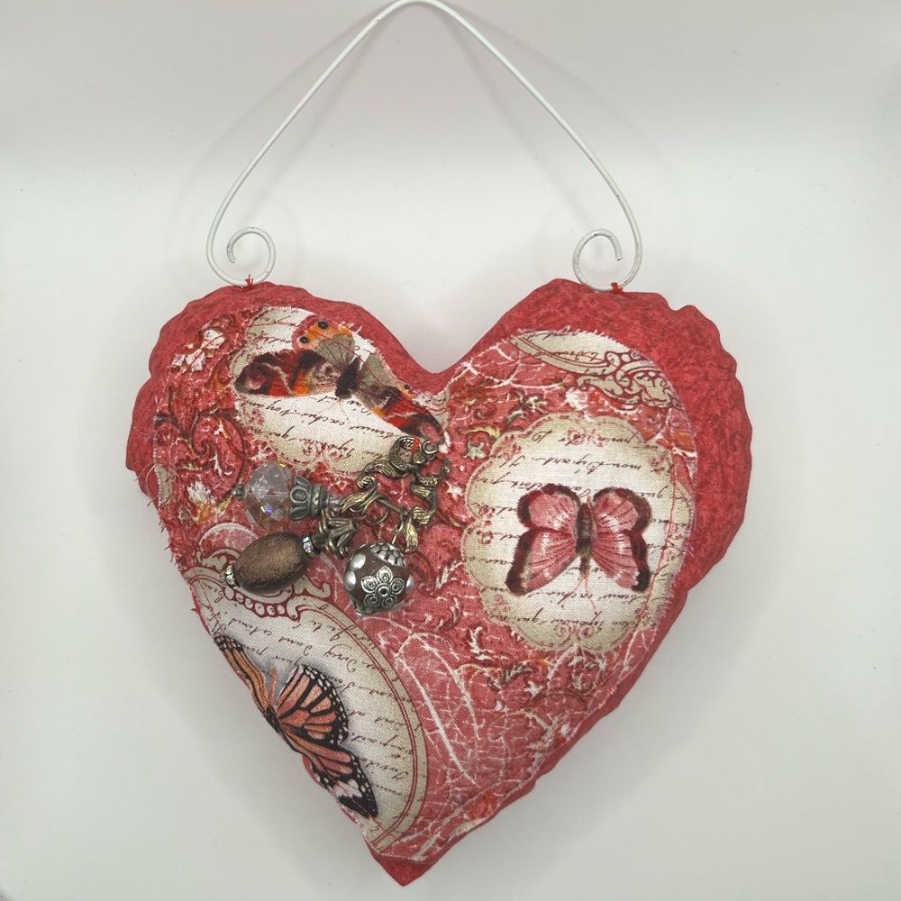 Handmade fabric stuffed Heart. With wire hanger.